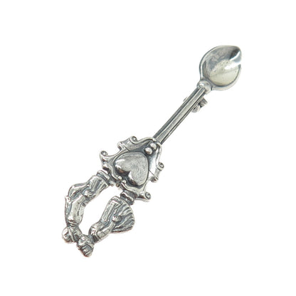 925 Sterling Silver Antique Art Deco Couple Kiss Oxidized Salt Spoon Pin Brooch