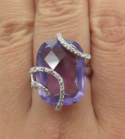 925 Sterling Silver Real Amethyst & White Topaz Wavy Ring Size 7.25