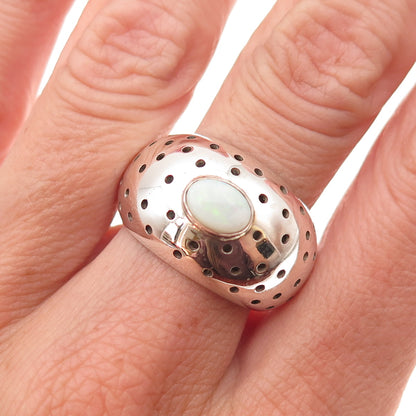 925 Sterling Silver Vintage Real Opal Modernist Dotted Oxidized Ring Size 8