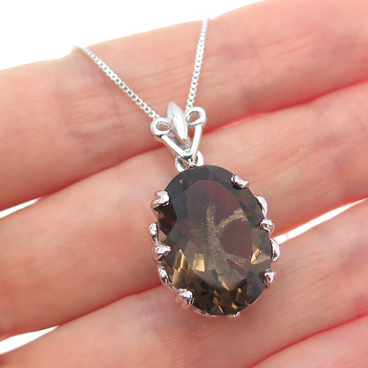 925 Sterling Silver Real Smoky Quartz Fleur de Lis Box Chain Necklace 18"