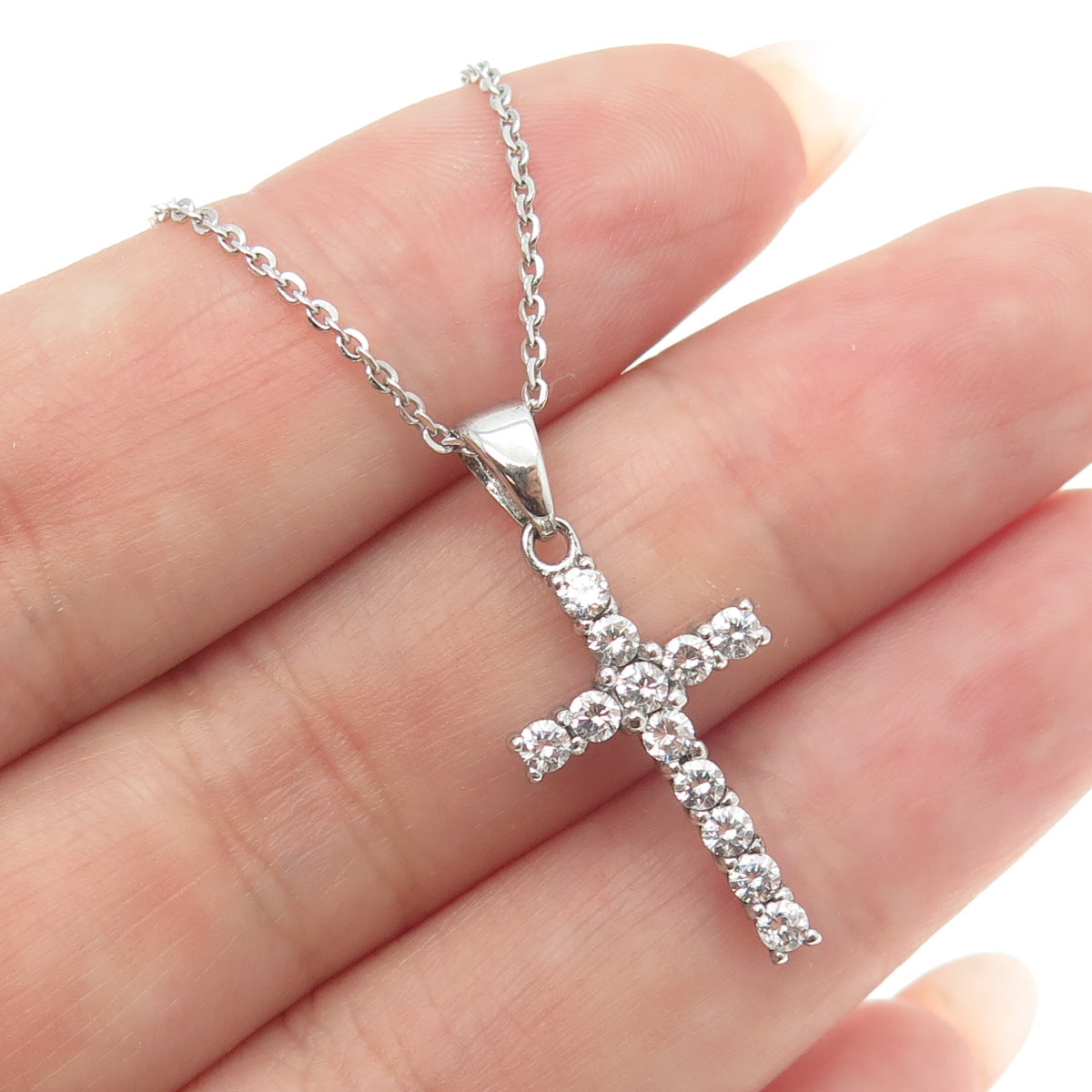 925 Sterling Silver Italy C Z Cross Pendant Cable Chain Necklace 16"