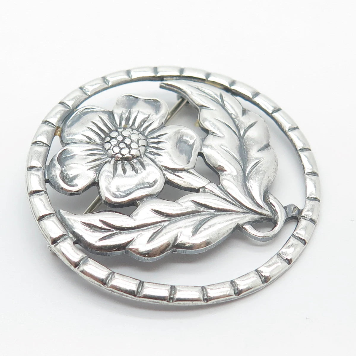 925 Sterling Silver Vintage Round Floral Pin Brooch