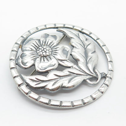925 Sterling Silver Vintage Round Floral Pin Brooch