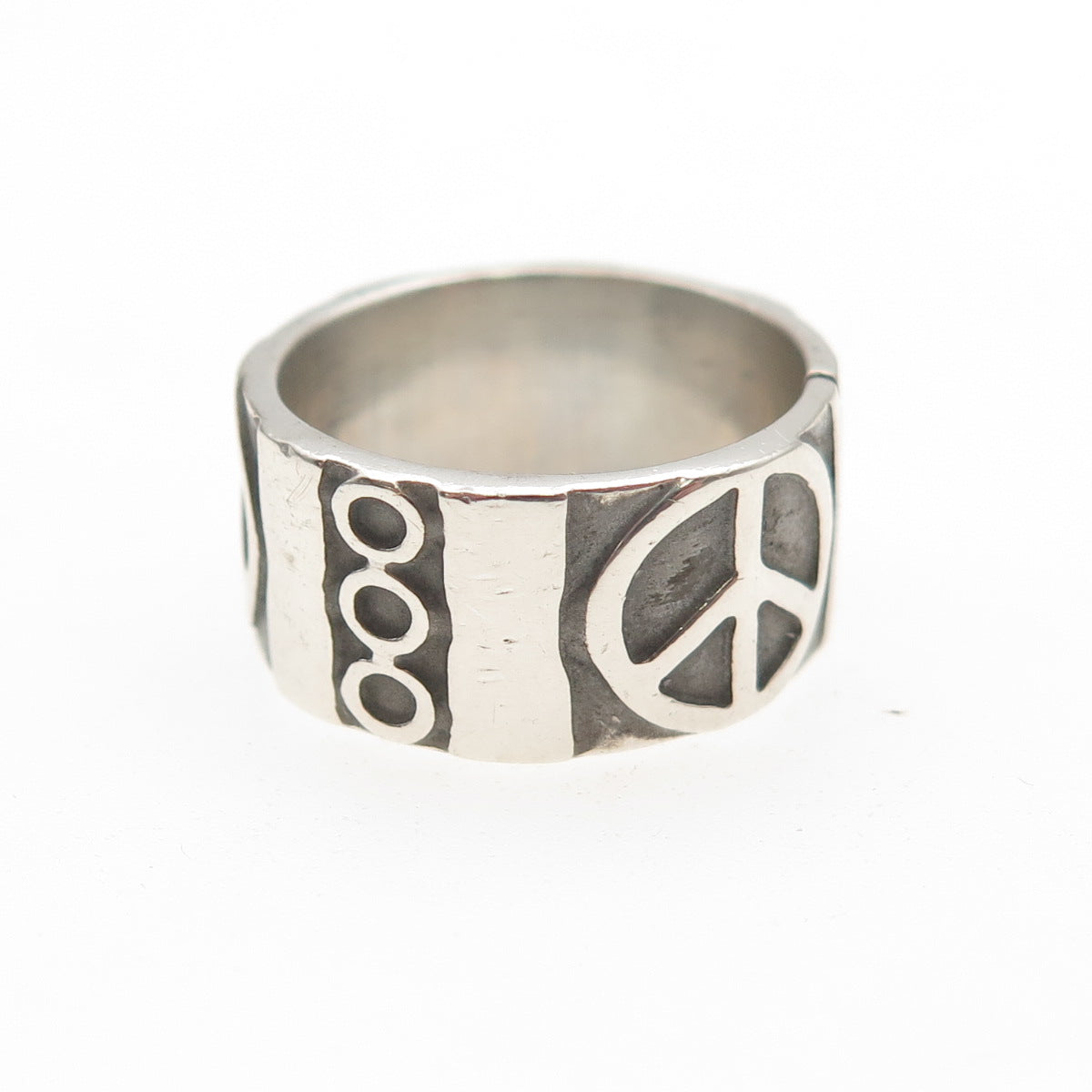 925 Sterling Silver Vintage Peace Symbol Oxidized Band Ring Size 6