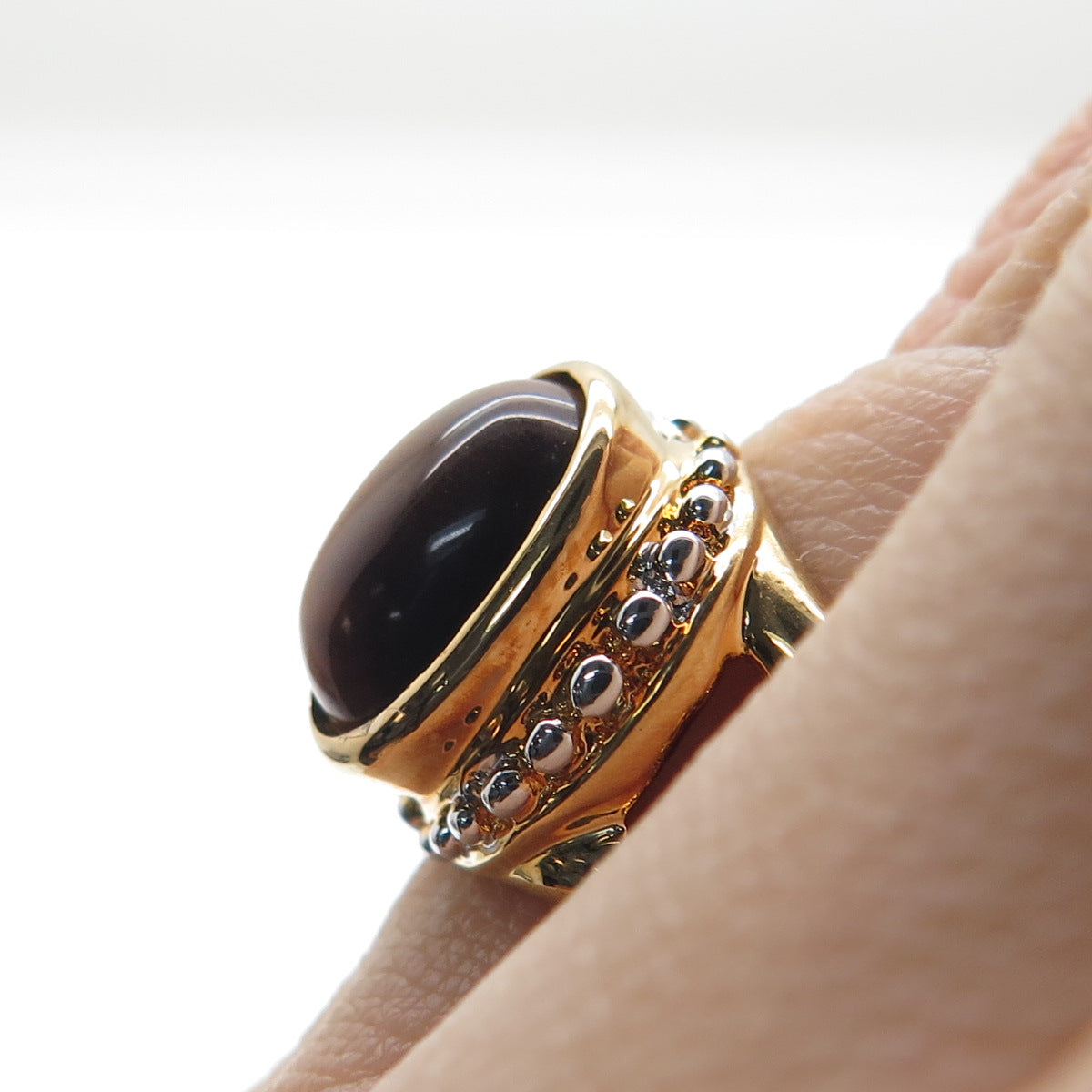 ROSS SIMONS 925 Sterling Silver Gold Plated Real Tiger Eye Beaded Ring Size 6