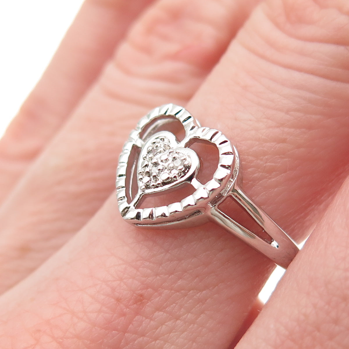 925 Sterling Silver Real Round-Cut Diamond Heart Ring Size 7