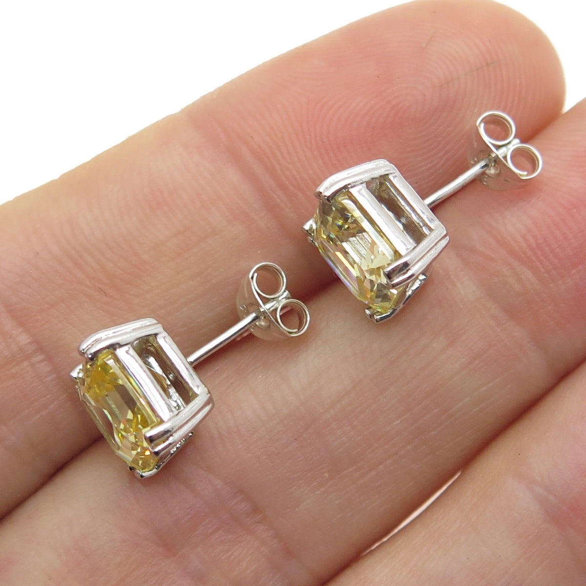 925 Sterling Silver Asscher-Cut Canary C Z Stud Earrings