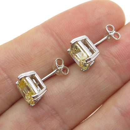 925 Sterling Silver Asscher-Cut Canary C Z Stud Earrings