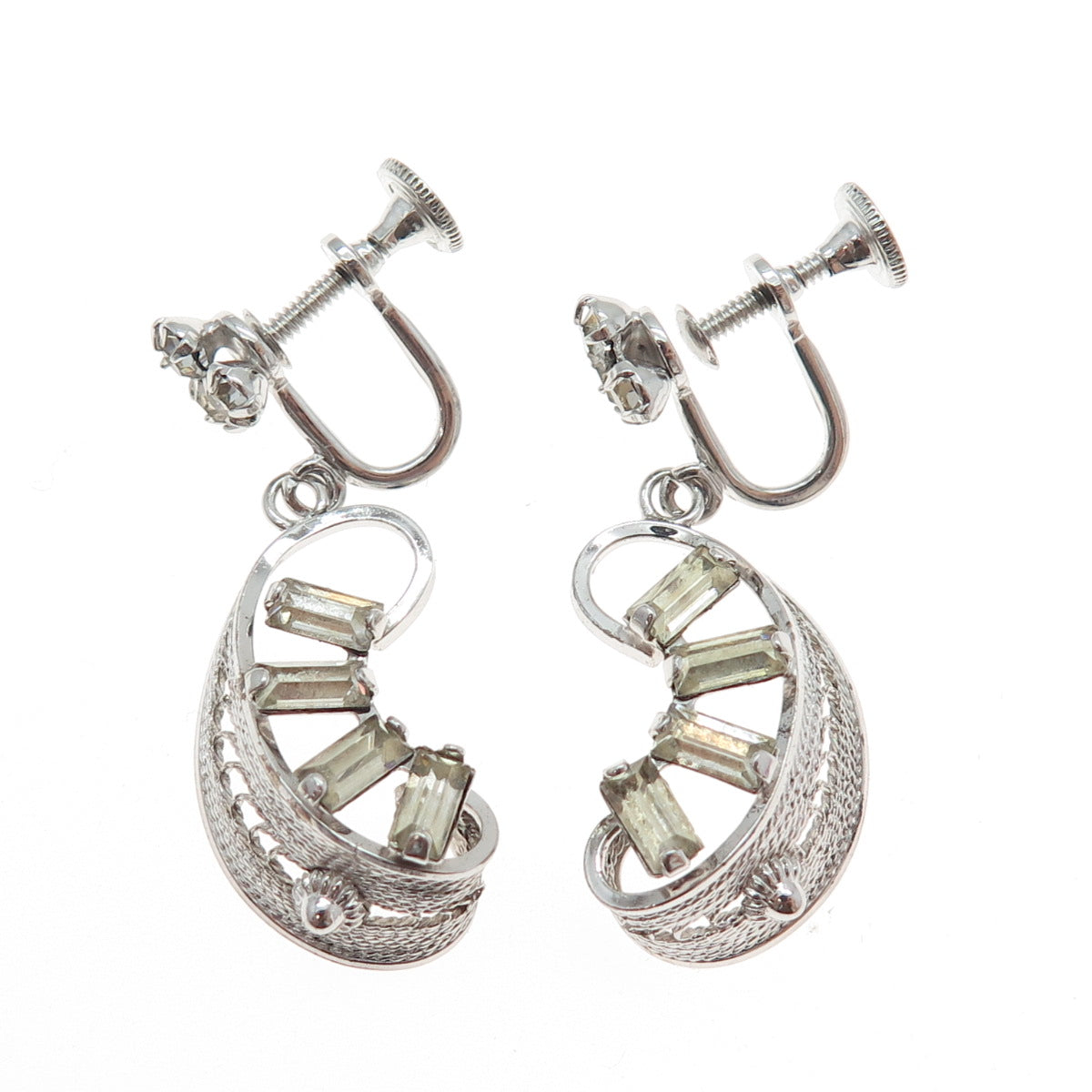 LORAN SIM CO. Sterling Antique Art Deco Rhinestone Filigree Screw Back Earrings