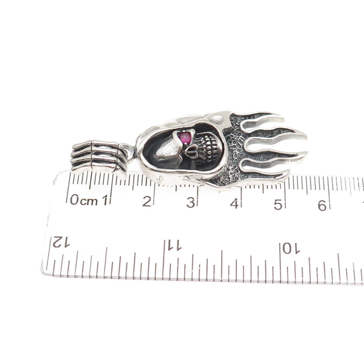 925 Sterling Silver Vintage Real Ruby Santa Muerte Oxidized Charm Pendant