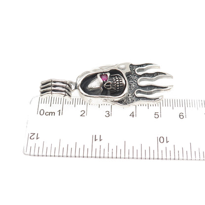 925 Sterling Silver Vintage Real Ruby Santa Muerte Oxidized Charm Pendant