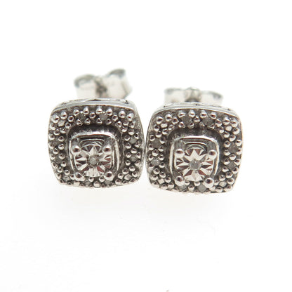 SUN 925 Sterling Silver Real Round-Cut Diamond Square Stud Earrings