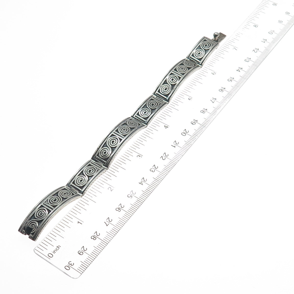 925 Sterling Silver Vintage Mexico Spiral Panel Link Oxidized Bracelet 7"