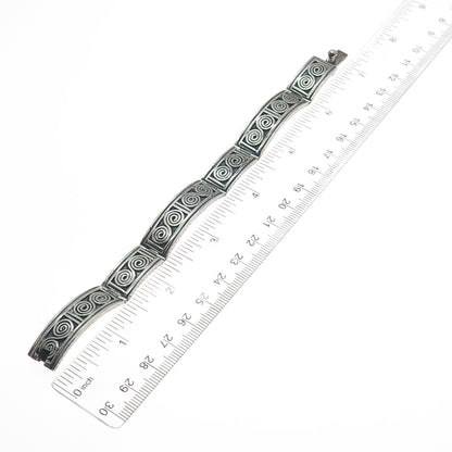 925 Sterling Silver Vintage Mexico Spiral Panel Link Oxidized Bracelet 7"