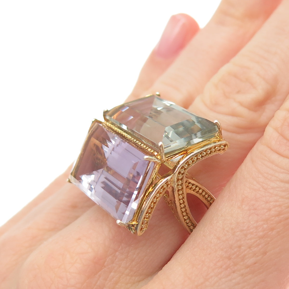 925 Sterling Gold Plated Real Emerald-Cut Green & Purple Amethyst Ring Size 7.25
