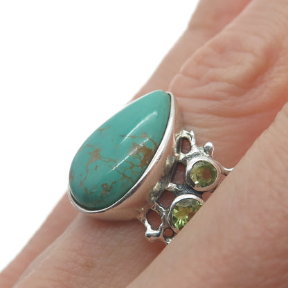 SUN WEST 925 Sterling Vintage Lone Mountain Turquoise & Peridot Ring Size 11.5