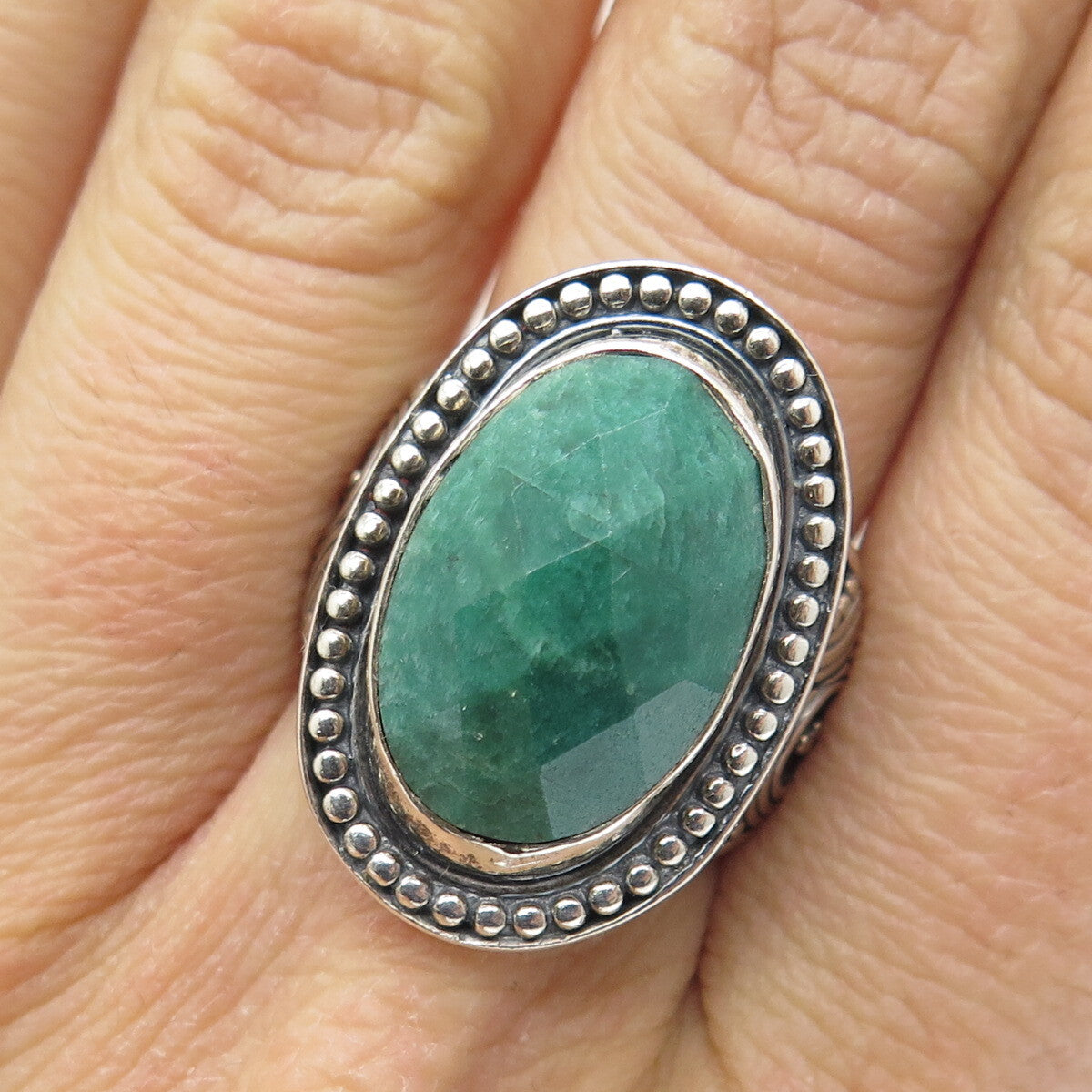 DSMK 925 Sterling Silver Vintage Real Emerald Granulated Oxidized Ring Size 6.5