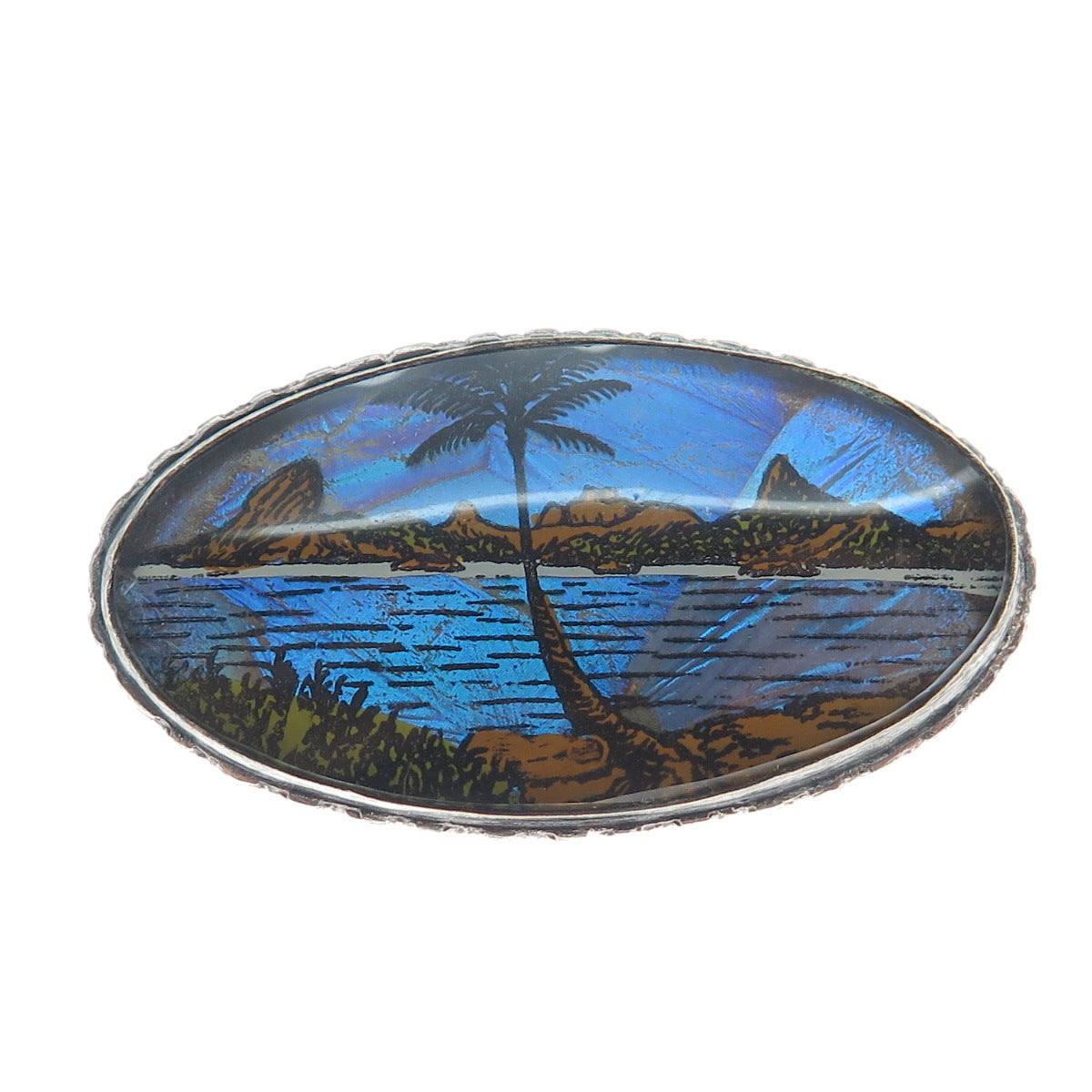 925 Sterling Silver Antique Art Deco Monarch Butterfly Wing Landscape Pin Brooch