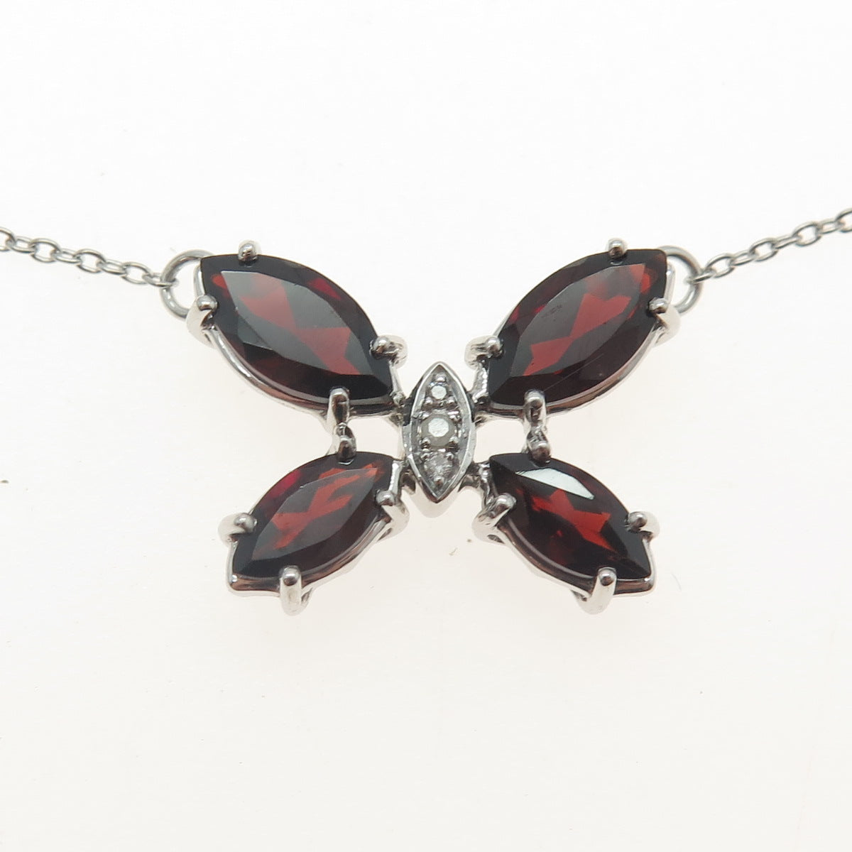 925 Sterling Silver Real White Diamond & Red Garnet Gem Butterfly Necklace 18"