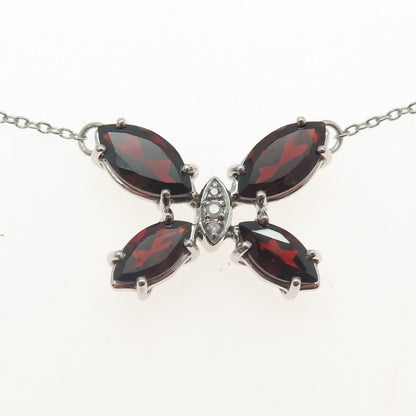 925 Sterling Silver Real White Diamond & Red Garnet Gem Butterfly Necklace 18"