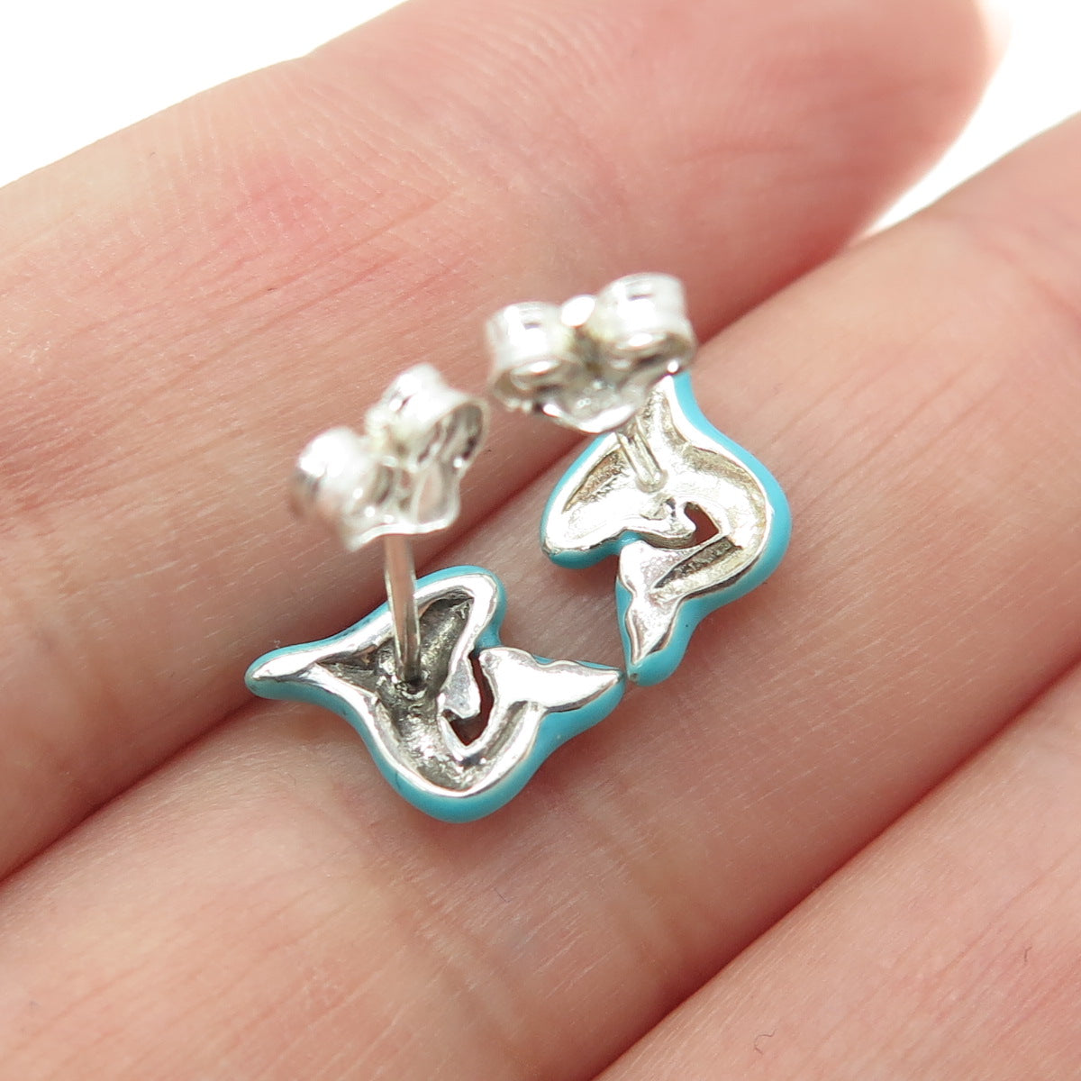 925 Sterling Silver Turquoise-Color Enamel Shark Stud Earrings