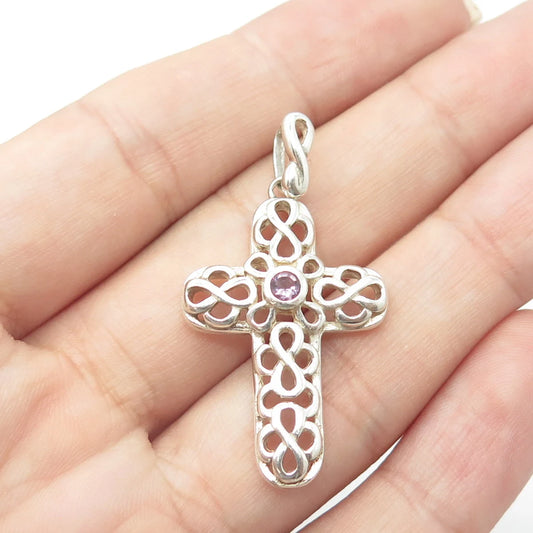 925 Sterling Silver Vintage Real Amethyst Gemstone Ornate Cross Pendant