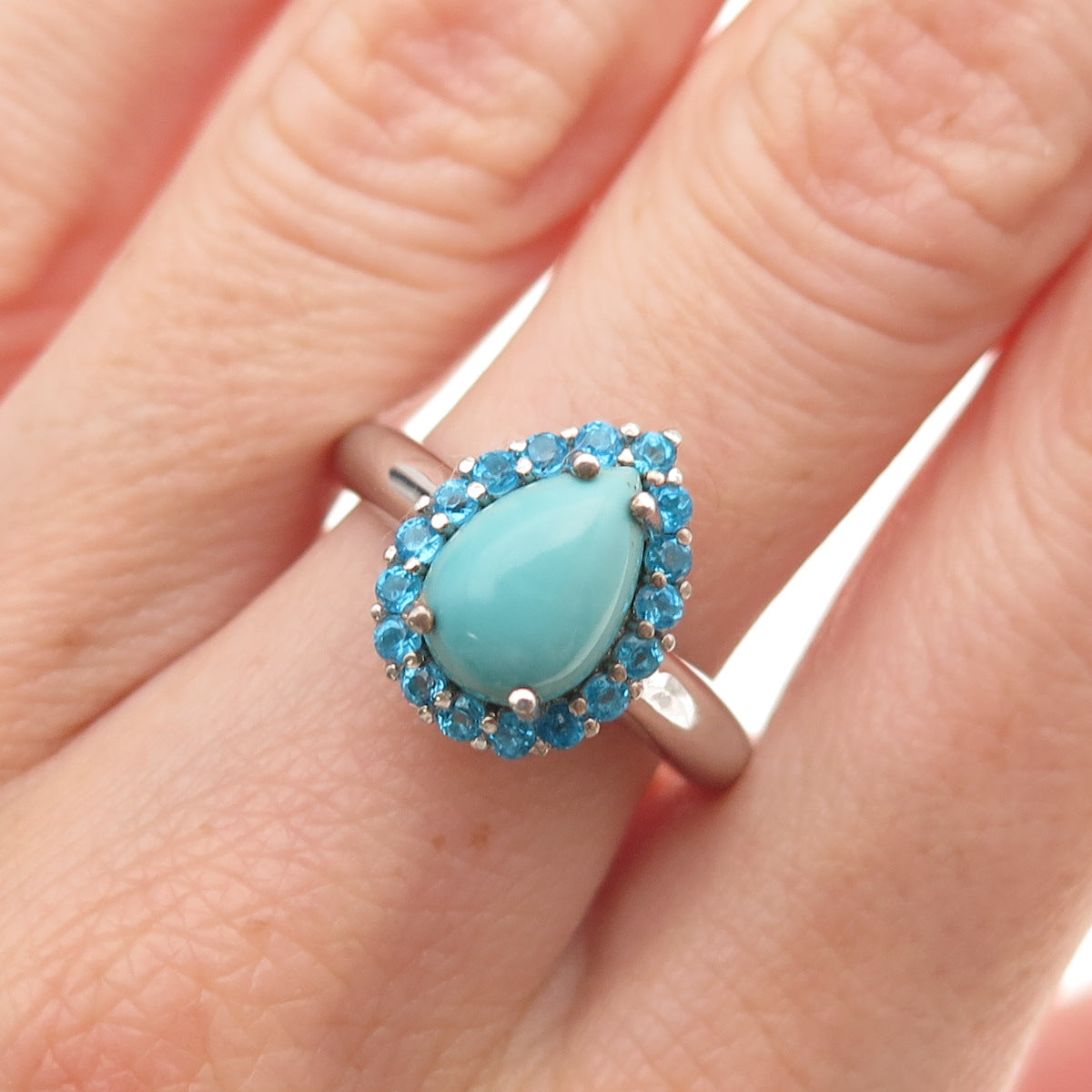925 Sterling Silver Real Turquoise & Apatite Teardrop Ring Size 8