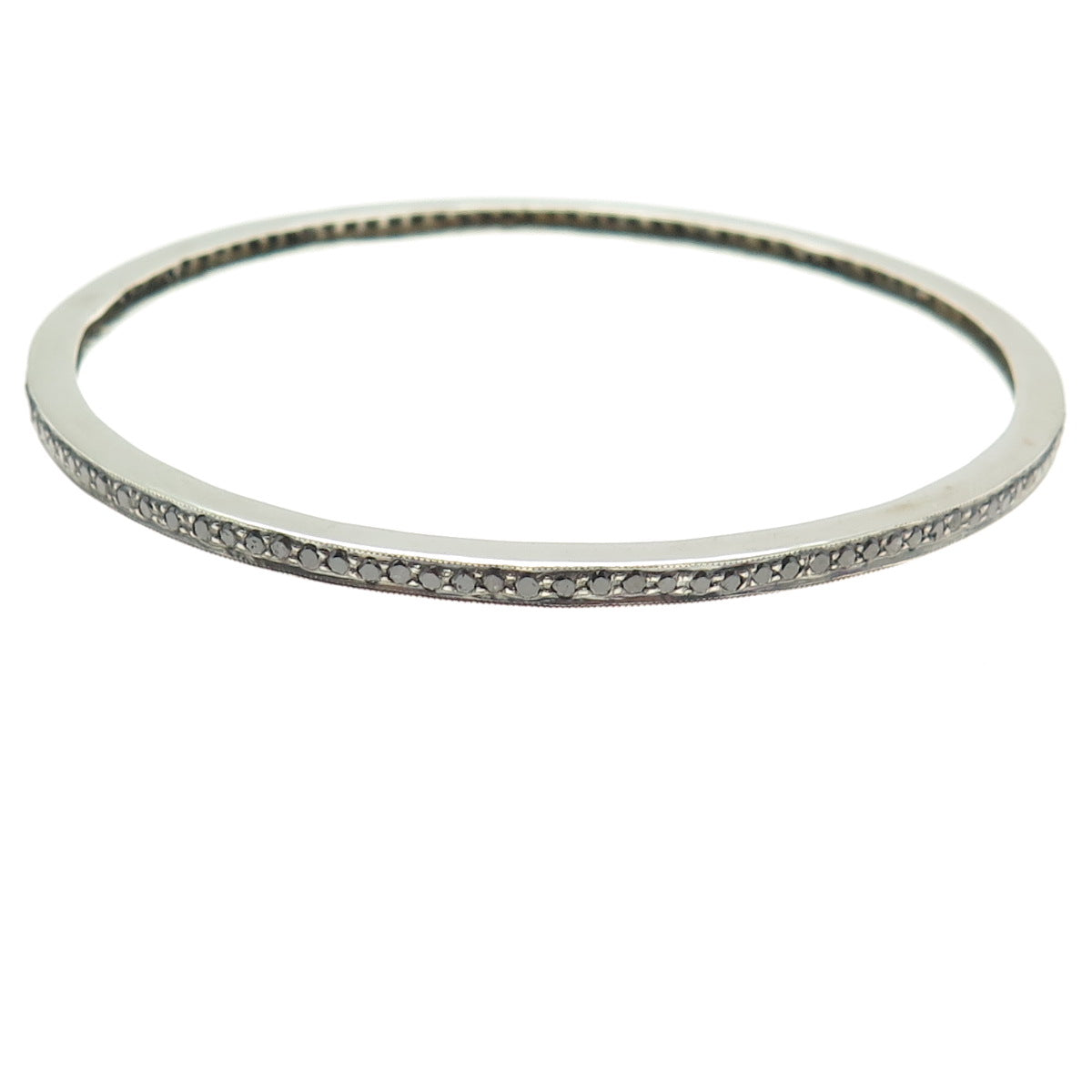 925 Sterling Silver Real Round-Cut Black Diamond Bangle Bracelet 8"