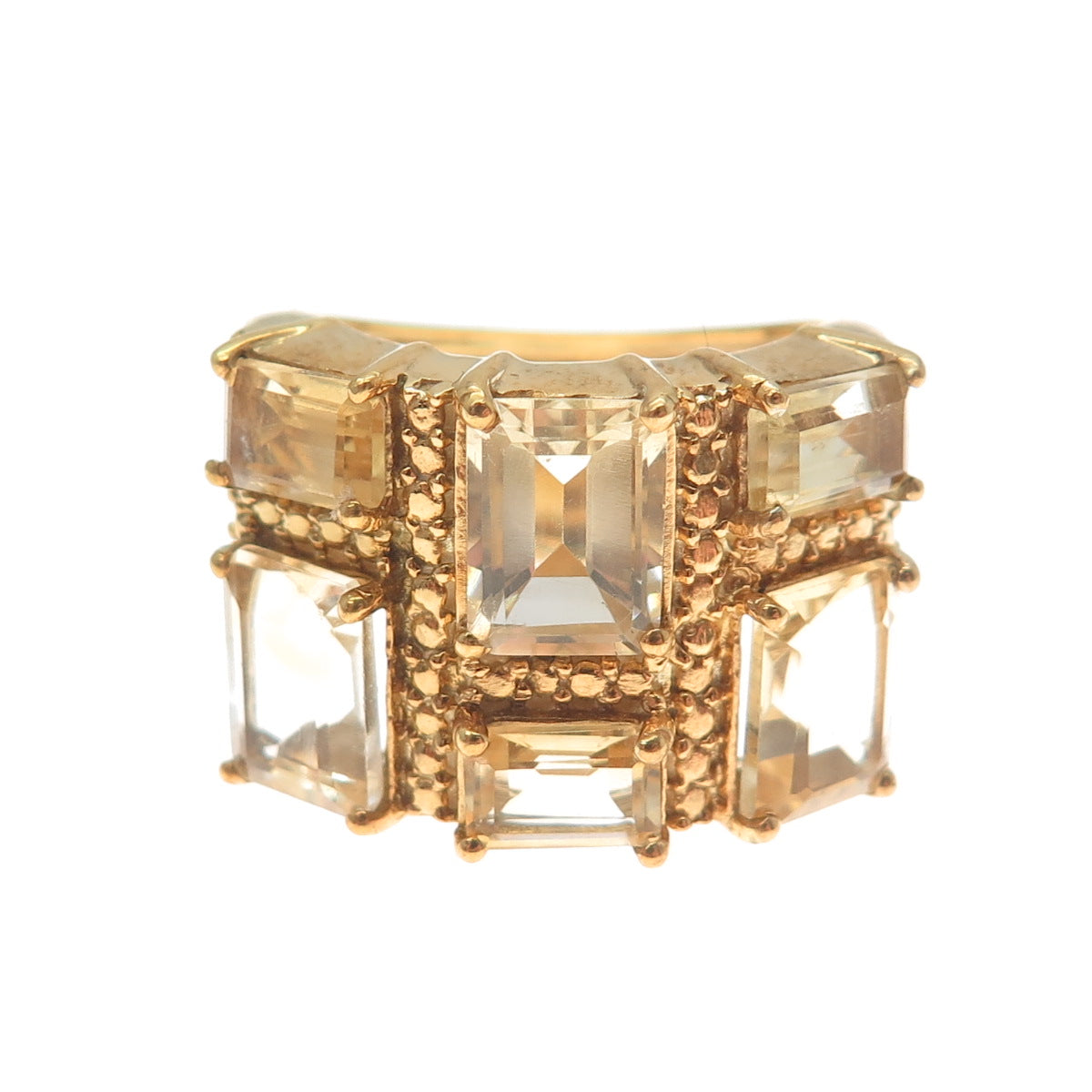 925 Sterling Silver Gold Plated Real Emerald-Cut Citrine Ring Size 7.5
