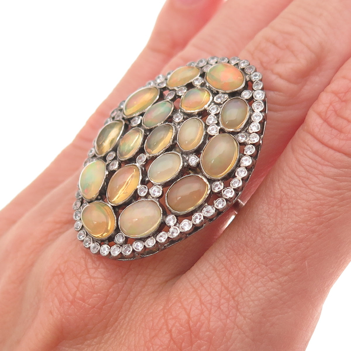 925 Sterling Silver Black Rhodium Real Opal & White Topaz Cluster Ring Size 6.75