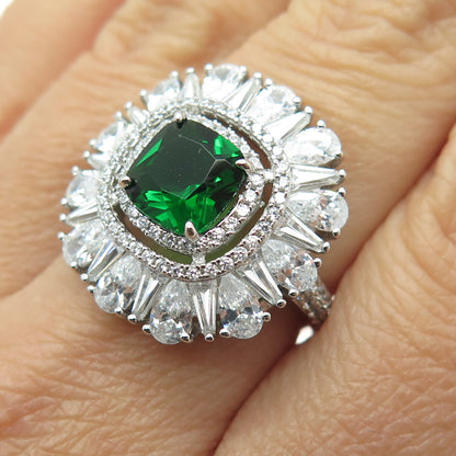 DSMK 925 Sterling Silver Cushion-Cut Nano Emerald & C Z Ring Size 7.25