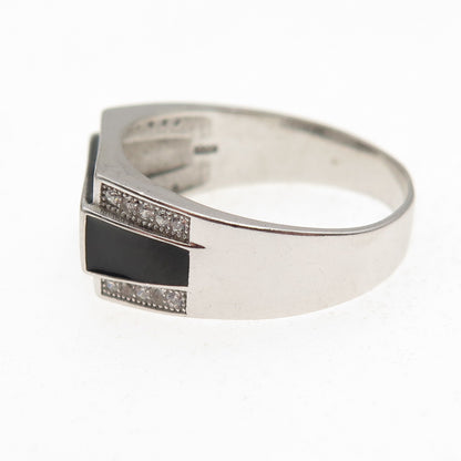 925 Sterling Silver Black Enamel & Round-Cut C Z Signet Ring Size 10.75