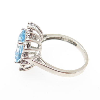 925 Sterling Silver Real Diamond Accent & Emerald-Cut Blue Topaz Ring Size 7.25