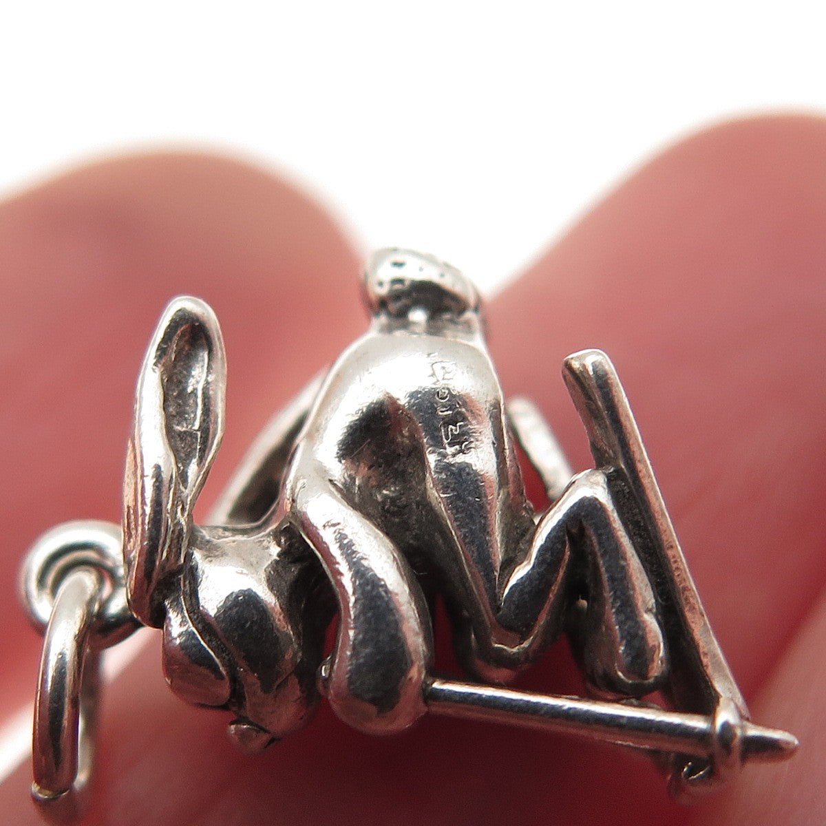 925 Sterling Silver Vintage Ski Bunny Oxidized 3D Mini Charm Pendant