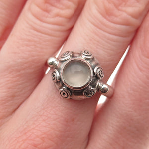 925 Sterling Silver Vintage Real Moonstone Spiral Oxidized Ring Size 7.5