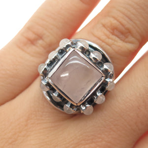 925 Sterling Silver Vintage Real Rose Quartz Modernist Oxidized Ring Size 5.75