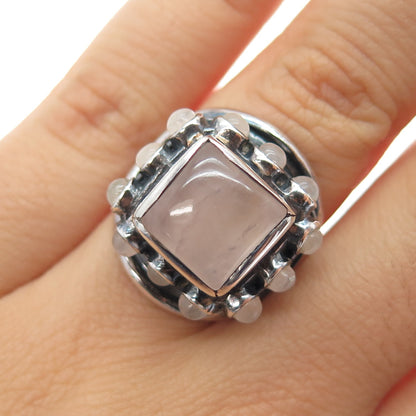 925 Sterling Silver Vintage Real Rose Quartz Modernist Oxidized Ring Size 5.75