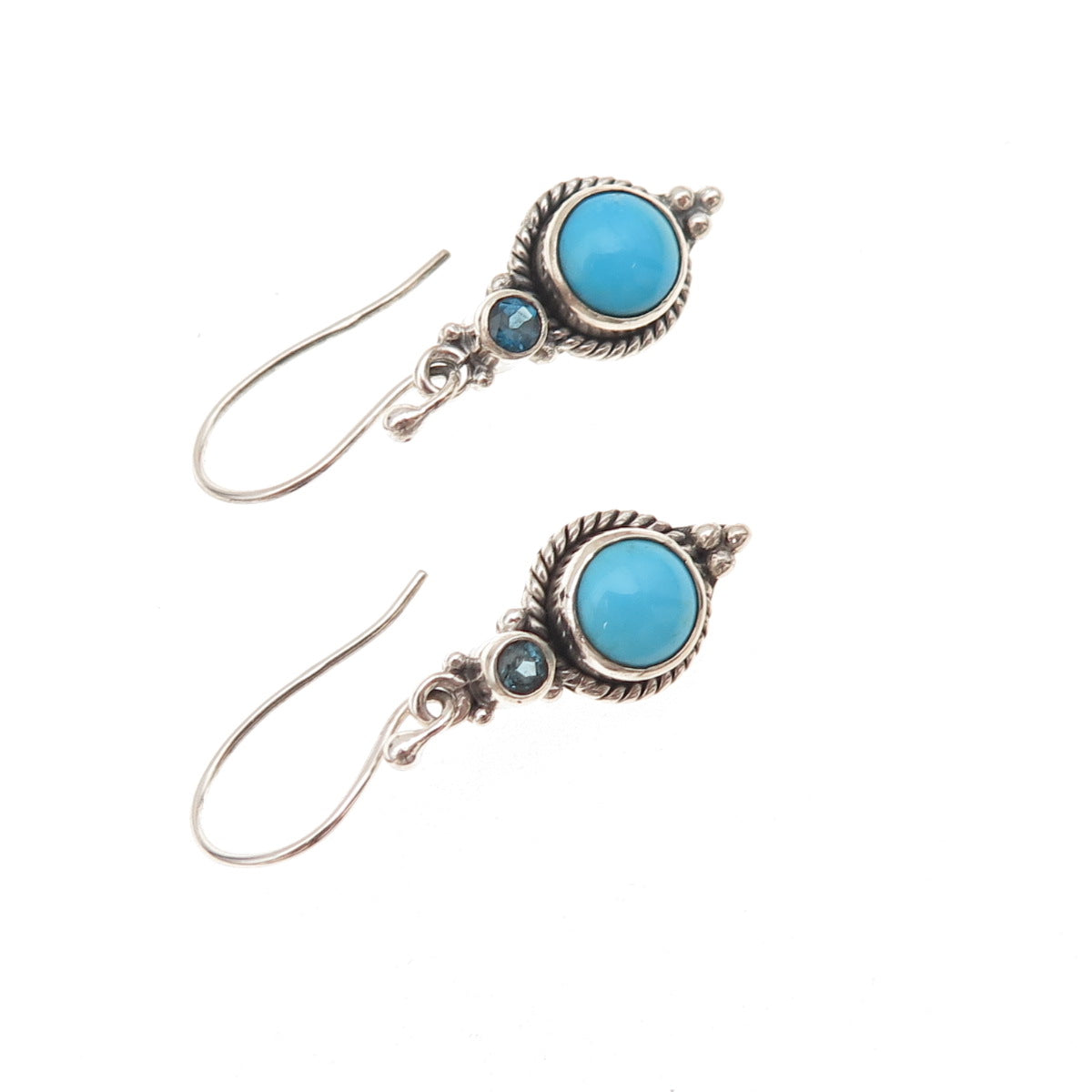 925 Sterling Silver Vintage Real Turquoise & London Blue Topaz Dangle Earrings
