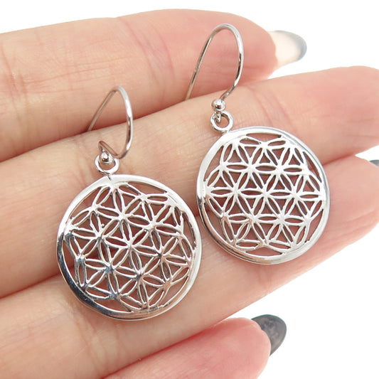 925 Sterling Silver Flower of Life Circle Dangling Earrings