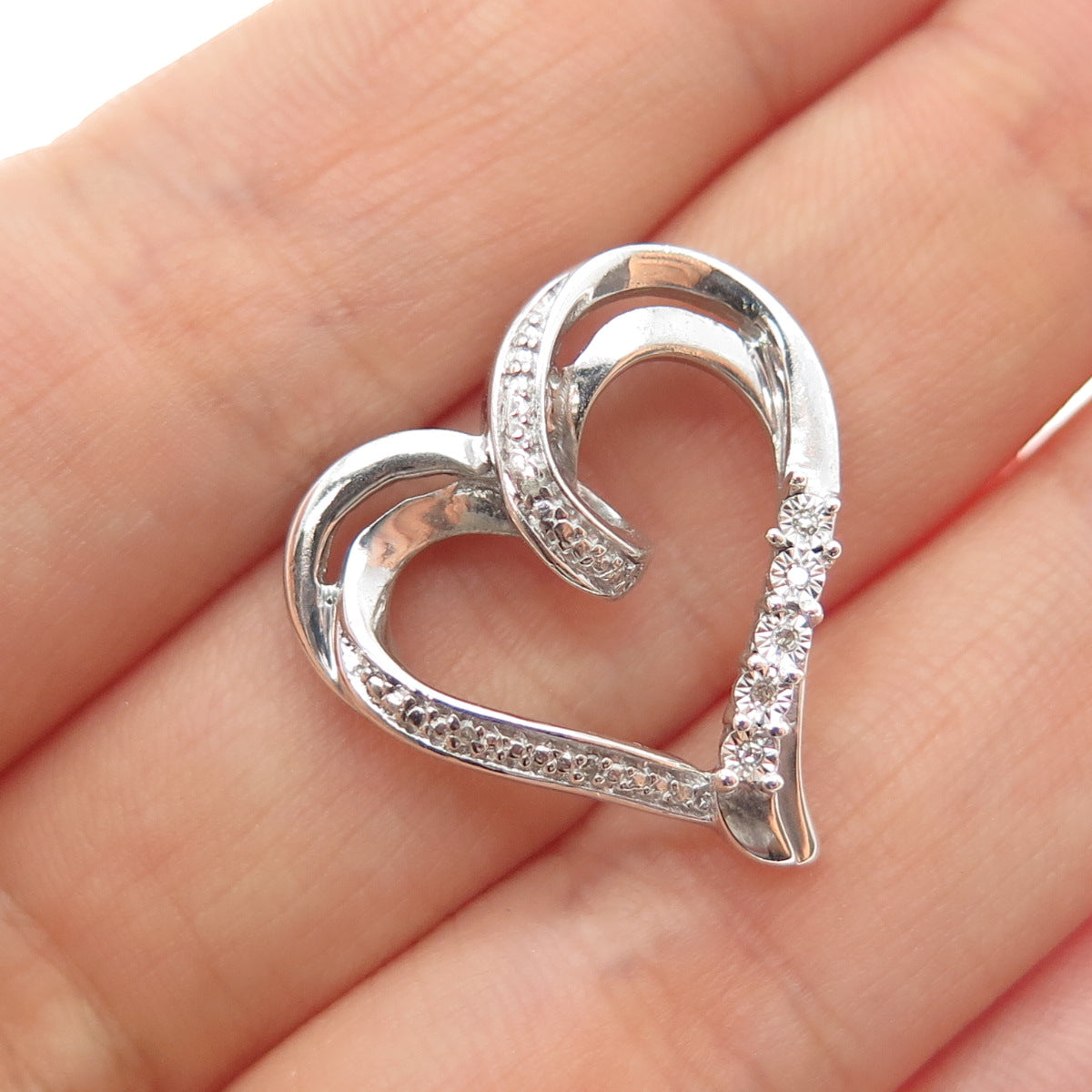 925 Sterling Silver Real Round-Cut Diamond Heart Slide Charm Pendant