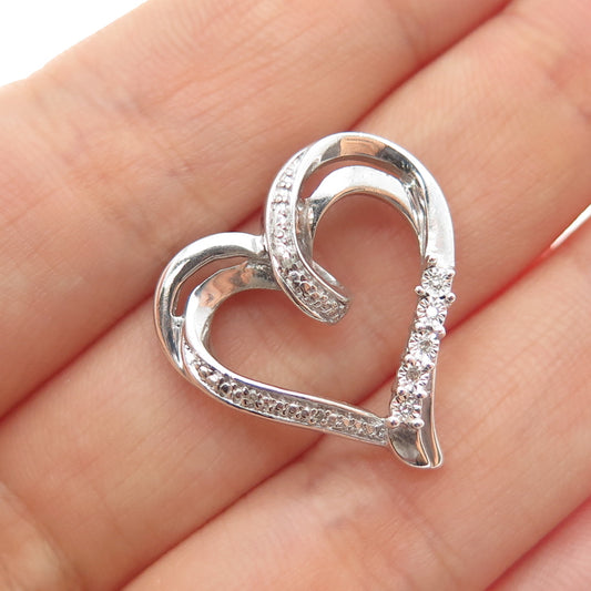 925 Sterling Silver Real Round-Cut Diamond Heart Slide Charm Pendant