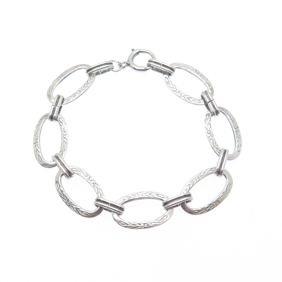 925 Sterling Silver Antique Art Deco Engraved Flower Oval Link Bracelet 6.75"