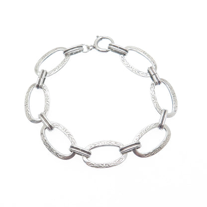 925 Sterling Silver Antique Art Deco Engraved Flower Oval Link Bracelet 6.75"