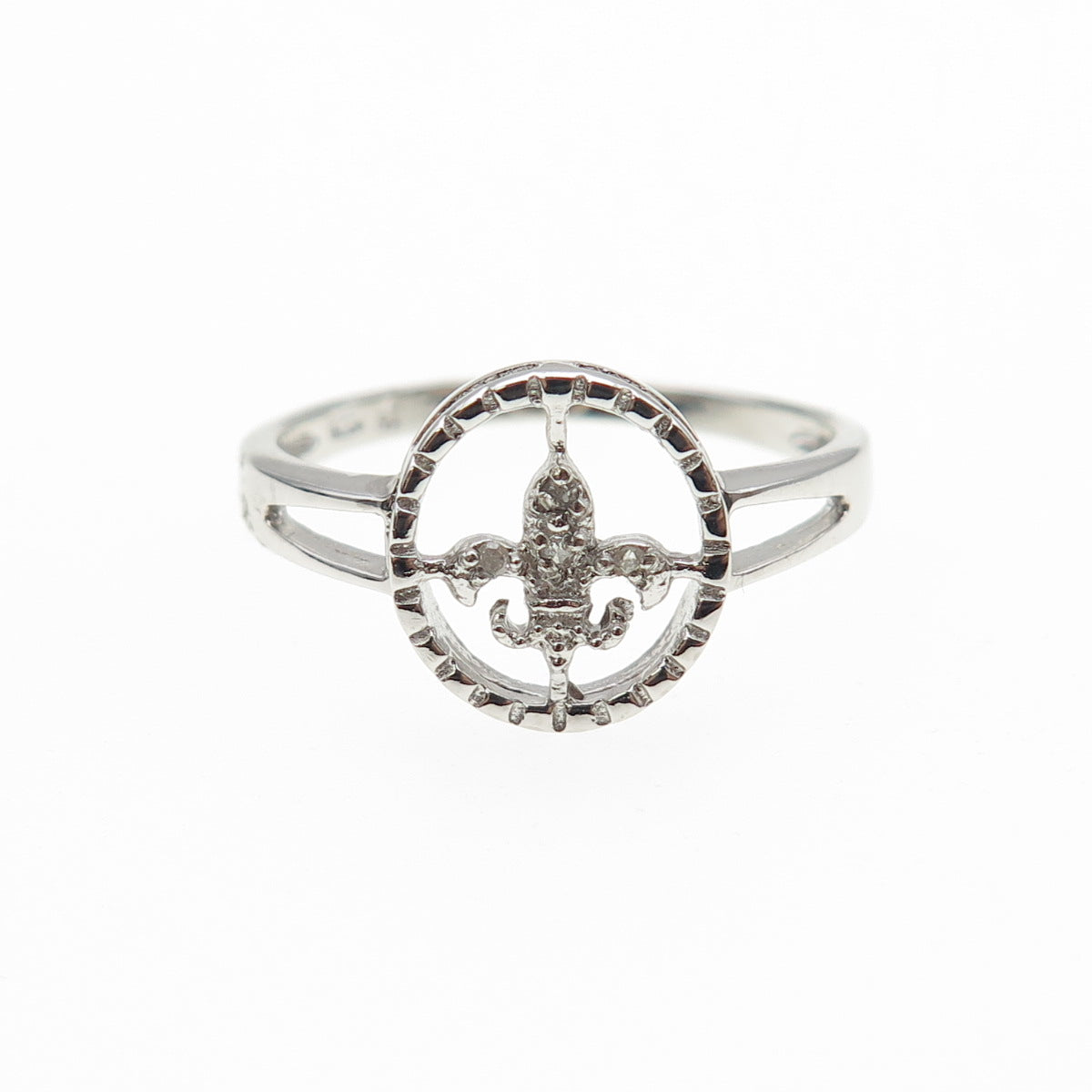 925 Sterling Silver Real Round-Cut Diamond Fleur de Lis Ring Size 8