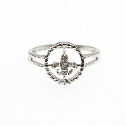 925 Sterling Silver Real Round-Cut Diamond Fleur de Lis Ring Size 8