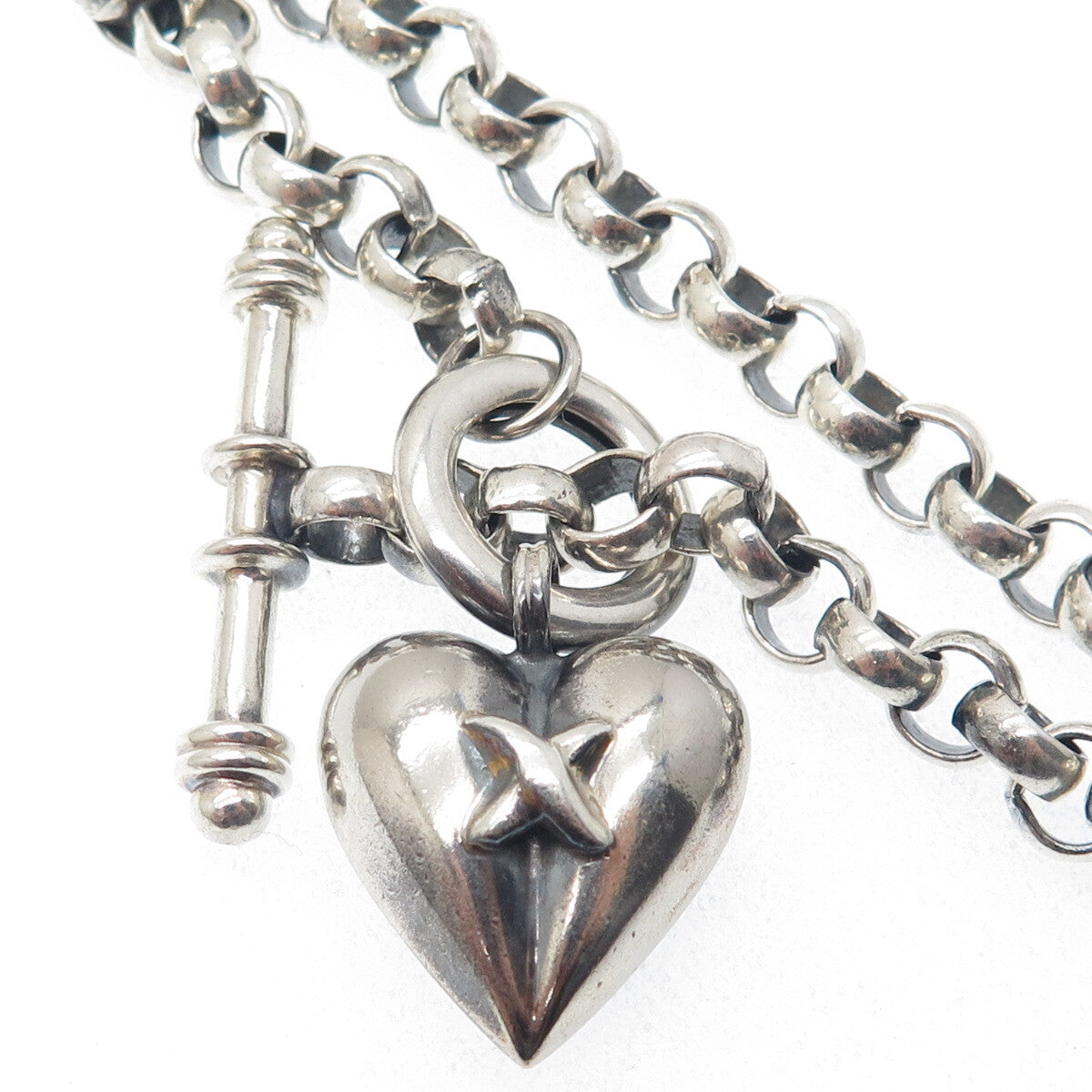 925 Sterling Silver Vintage "X" Heart Charm Oxidized Rolo Link Bracelet 6.75"
