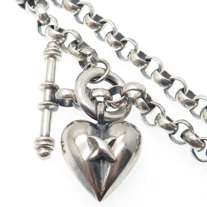 925 Sterling Silver Vintage "X" Heart Charm Oxidized Rolo Link Bracelet 6.75"