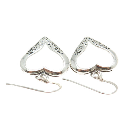 925 Sterling Silver Vintage Swirl Open Heart Dangling Earrings