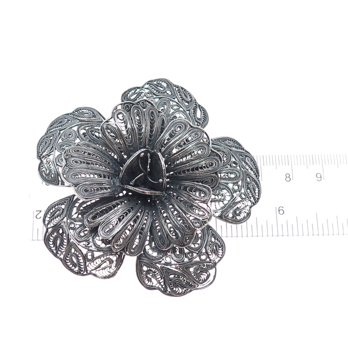 925 Sterling Silver Vintage Mexico Flower Filigree Oxidized Pin Brooch