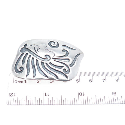 925 Sterling Silver Vintage Mexico Mayan Warrior Oxidized Tribal Pin Brooch